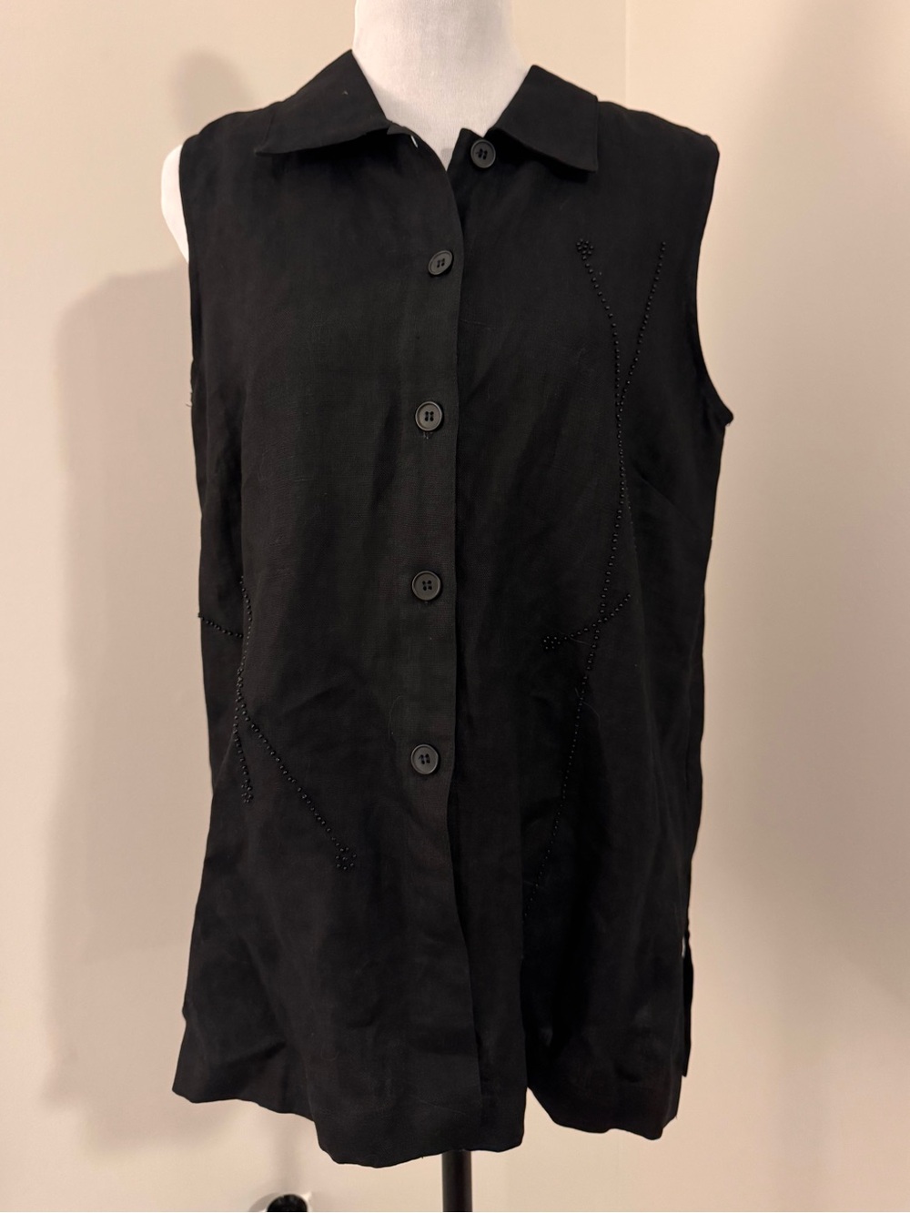 Vintage NWT UNIFORM John Paul Richard Black Beaded Linen Sleeveless Shirt Size S